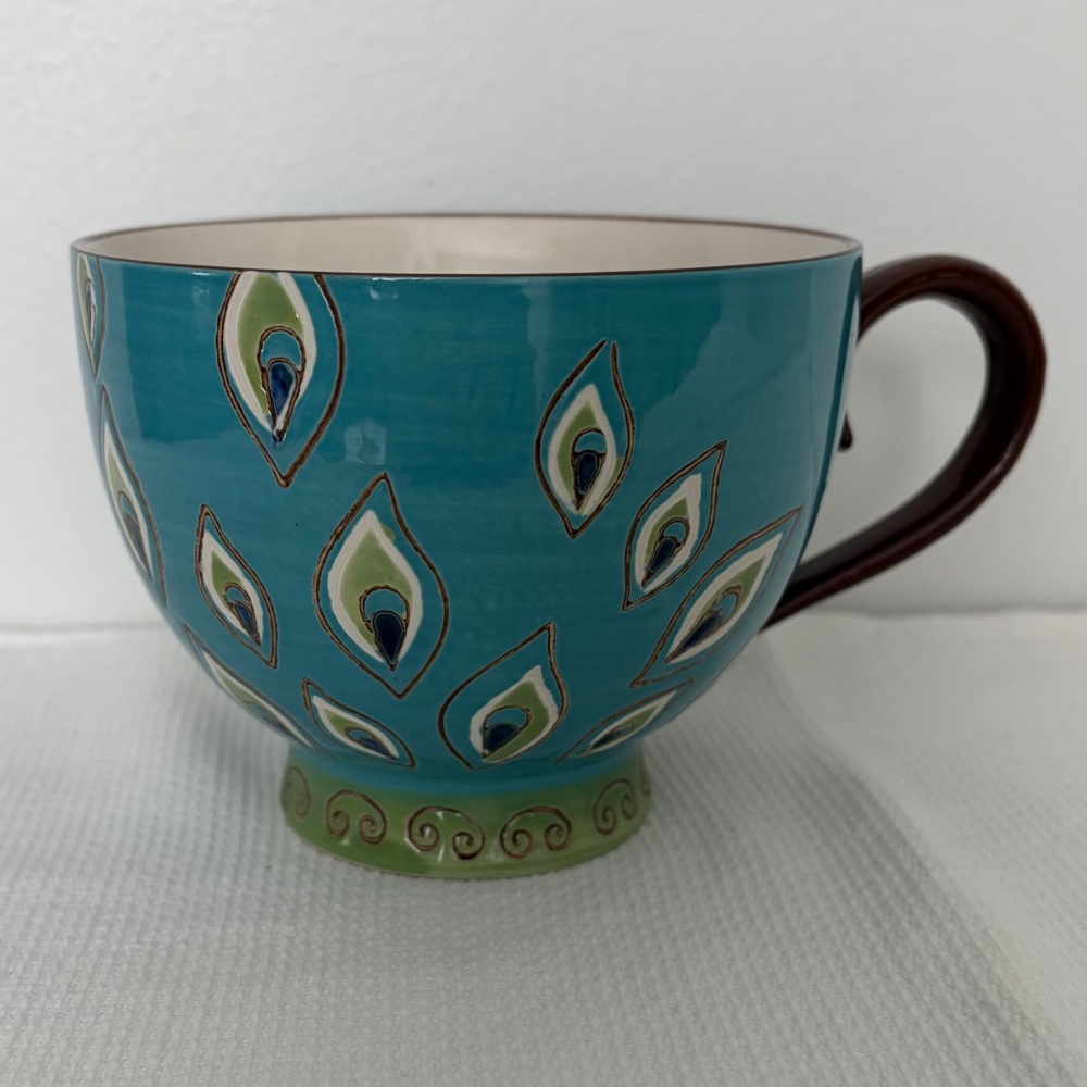 PIER 1 Dolomite Peacock Feather Hand Painted Mug Cup